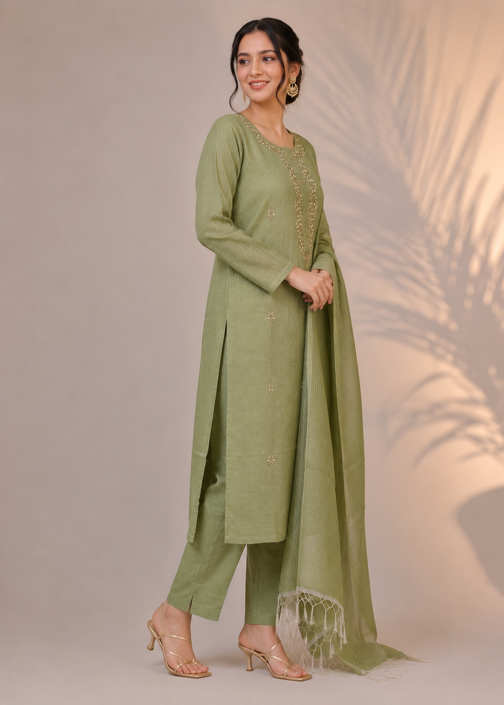 A woman models a sage green three-piece traditional outfit consisting of a long kurta with gold embroidery, matching trousers, and a draped dupatta with fringe, set against a warm beige background with palm leaf shadows.