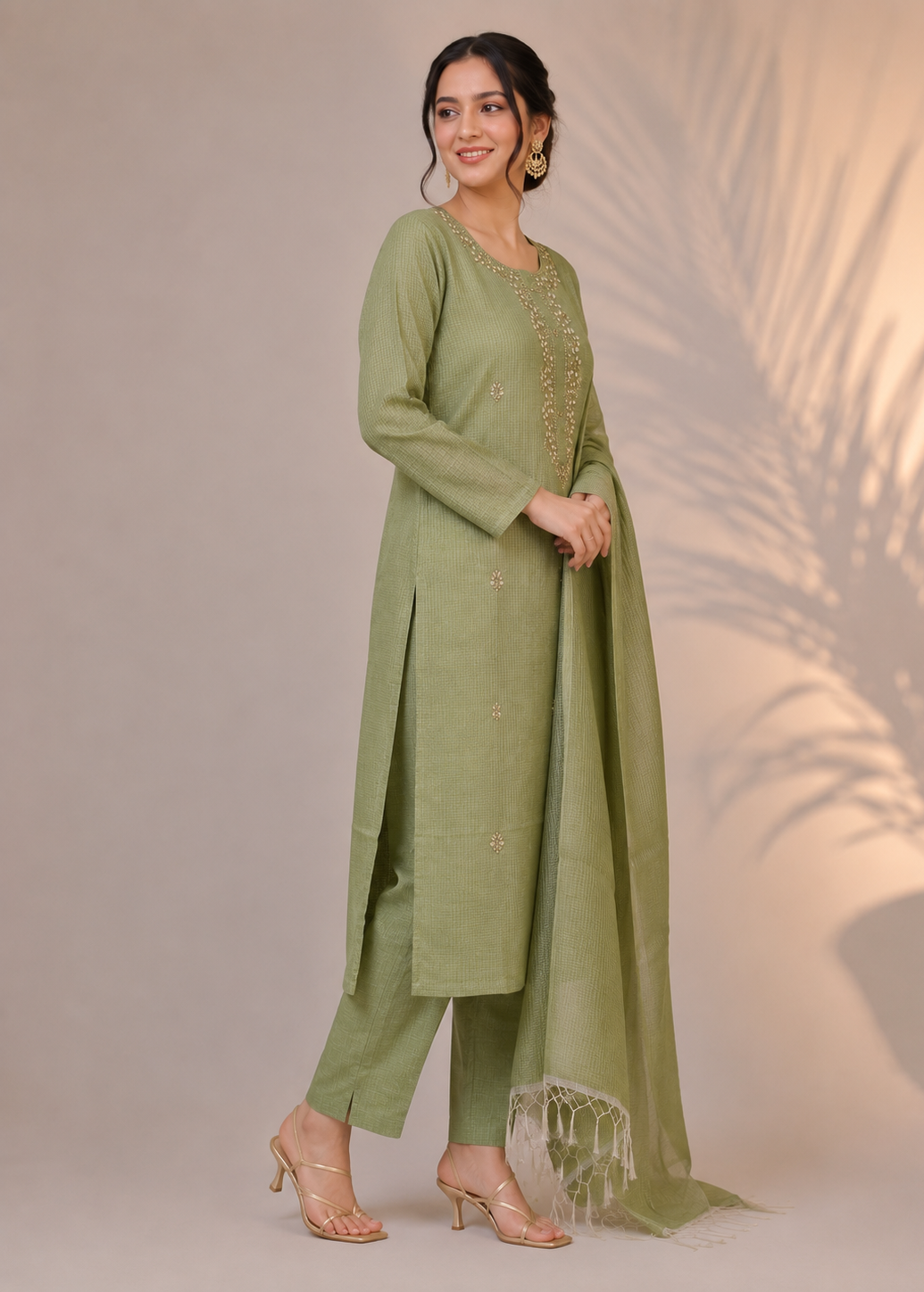 A woman models a sage green three-piece traditional outfit consisting of a long kurta with gold embroidery, matching trousers, and a draped dupatta with fringe, set against a warm beige background with palm leaf shadows.
