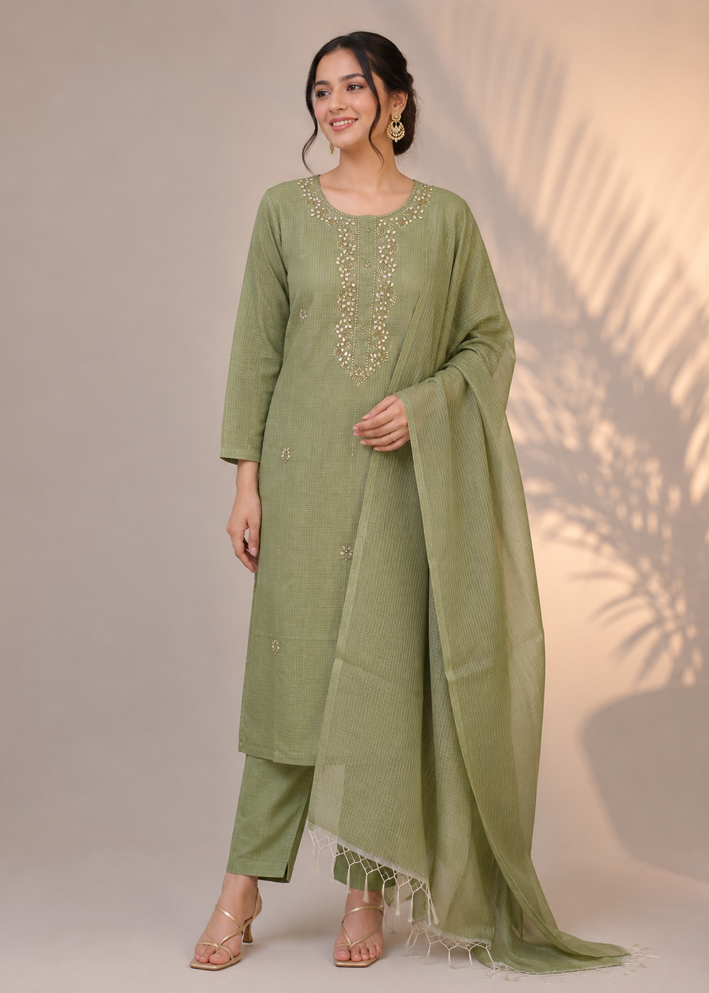 Sage Green Kota Tissue Embroidered 3 Piece Kurta Set with Dupatta