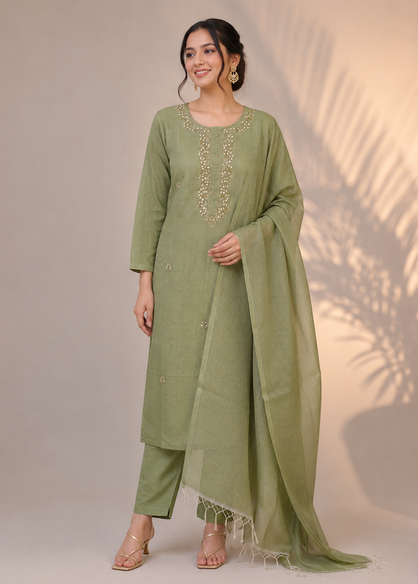 Sage Green Kota Tissue Embroidered 3 Piece Kurta Set with Dupatta