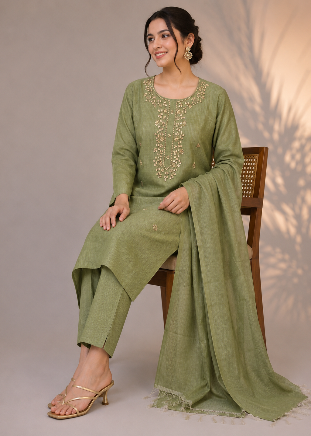 Sage Green Kota Tissue Embroidered 3 Piece Kurta Set with Dupatta