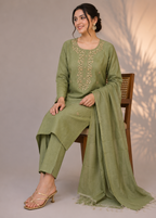 Sage Green Kota Tissue Embroidered 3 Piece Kurta Set with Dupatta