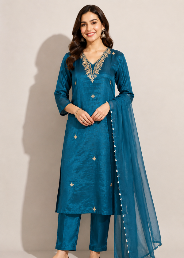 A woman modeling a teal blue ethnic salwar kameez set with gold embroidery on the neckline and scattered motifs on the kurta, matching trousers, and a sheer dupatta with a decorative border, set against a plain beige studio background.