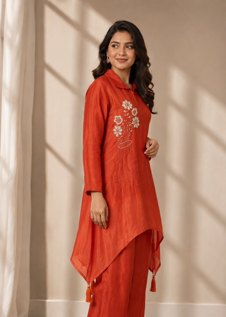 Rust Orange Pure Natural Crepe Shaded Bombay Cut Kurti with Divider Palazzo Co-Ord Set