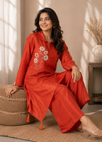 Rust Orange Pure Natural Crepe Shaded Bombay Cut Kurti with Divider Palazzo Co-Ord Set