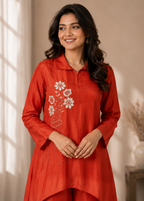 Rust Orange Pure Natural Crepe Shaded Bombay Cut Kurti with Divider Palazzo Co-Ord Set