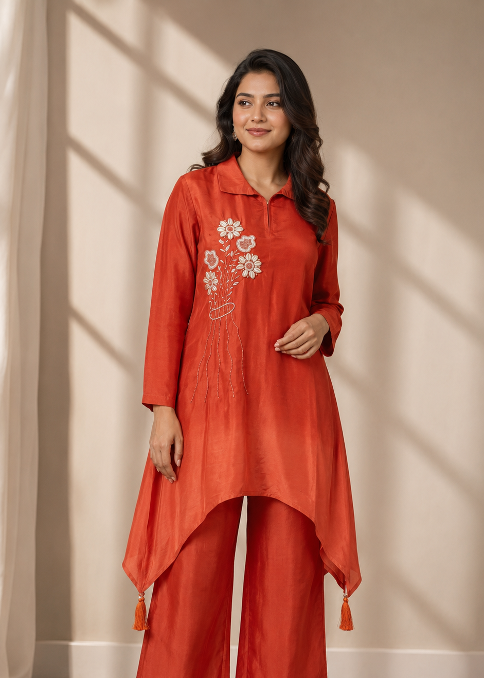 Rust Orange Pure Natural Crepe Shaded Bombay Cut Kurti with Divider Palazzo Co-Ord Set