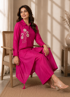 Fuchsia Pink Pure Natural Crepe Shaded Bombay Cut Kurti with Divider Palazzo Co-Ord Set