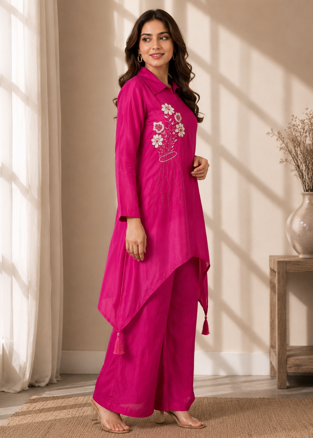 Fuchsia Pink Pure Natural Crepe Shaded Bombay Cut Kurti with Divider Palazzo Co-Ord Set