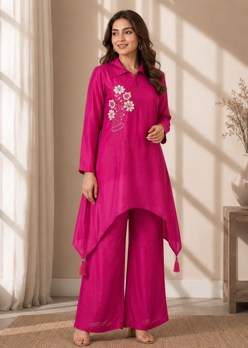 A woman modeling a bright fuchsia pink two-piece kurta set with matching wide-leg pants, featuring white floral embroidery on the chest and tassel ties at the hem, set against a warm beige background with window shadows.