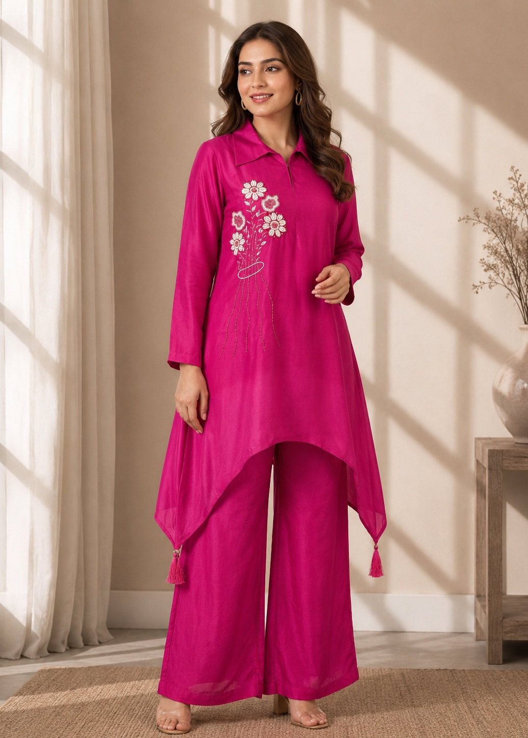 A woman modeling a bright fuchsia pink two-piece kurta set with matching wide-leg pants, featuring white floral embroidery on the chest and tassel ties at the hem, set against a warm beige background with window shadows.