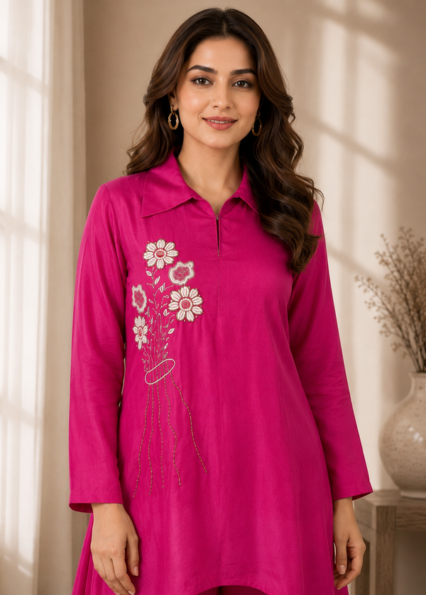 Fuchsia Pink Pure Natural Crepe Shaded Bombay Cut Kurti with Divider Palazzo Co-Ord Set