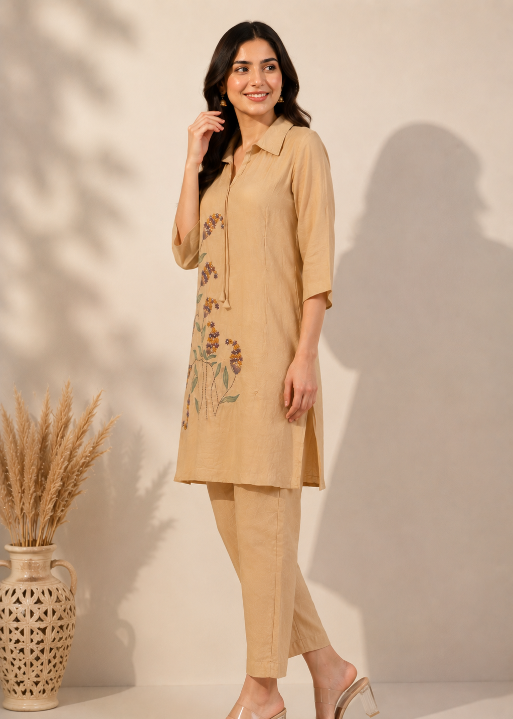 A woman modeling a beige kurta set with floral embroidery on the front, paired with matching trousers and clear high-heeled sandals, standing against a warm beige wall with decorative dried grass in a vase.