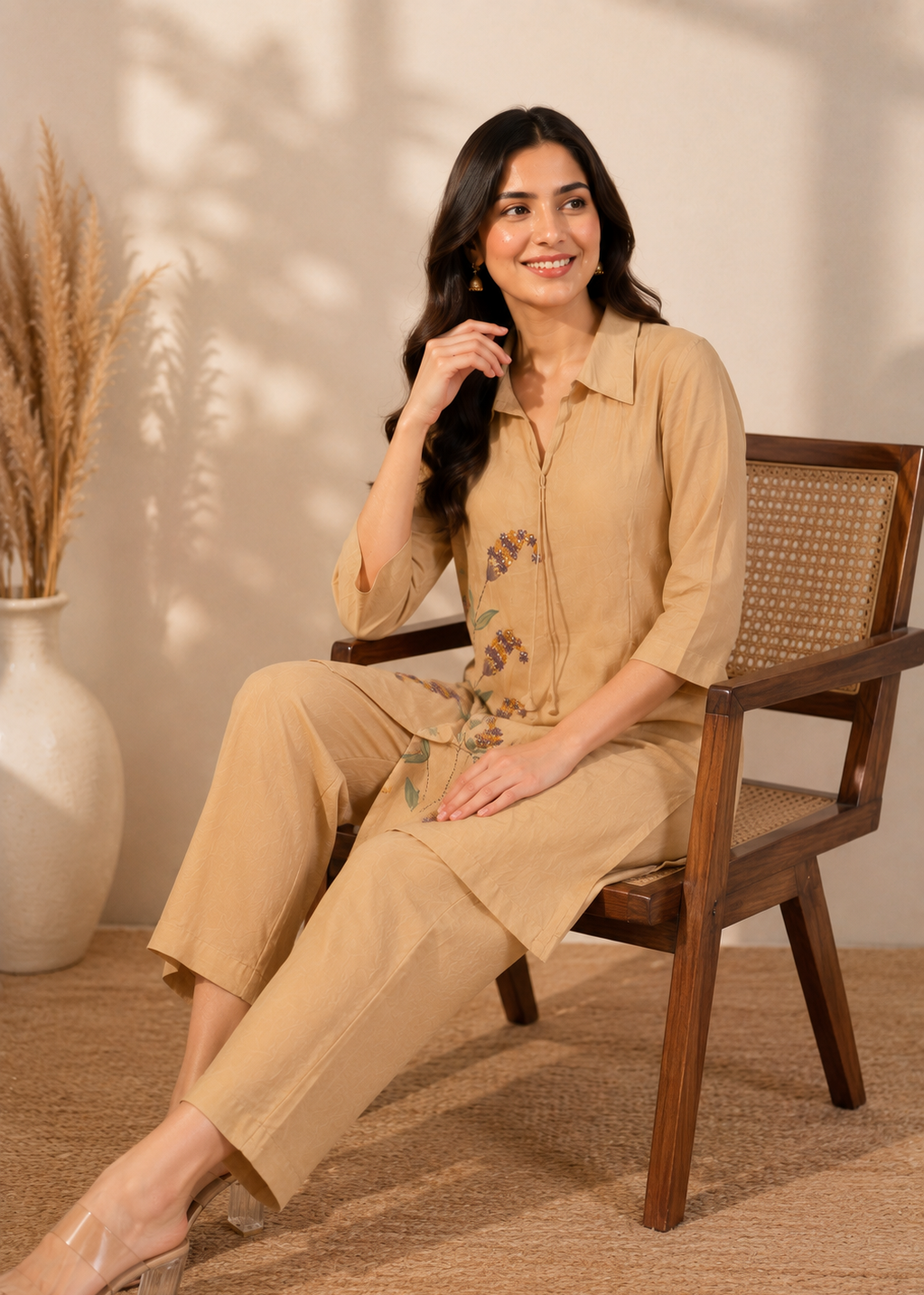A woman sits on a wooden chair wearing a beige two-piece kurta set with a matching top and trousers, featuring a subtle floral print on the front. The setting is a warm, neutral-toned room with a woven rug, a pampas grass vase, and soft leaf shadows on the wall.