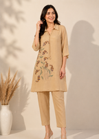 Beige Mul Chanderi Embroidered Co-Ord Set for Women