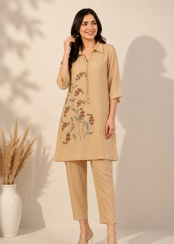 Beige Mul Chanderi Embroidered Co-Ord Set for Women
