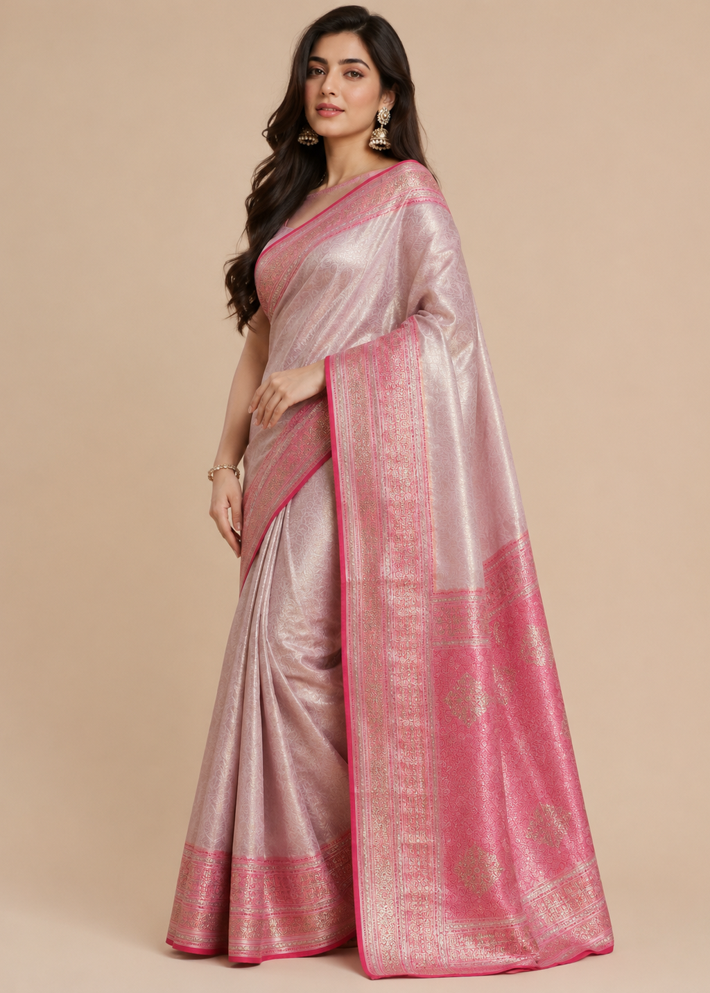 Blush Pink Banarasi Silk Saree With Zari Woven Border