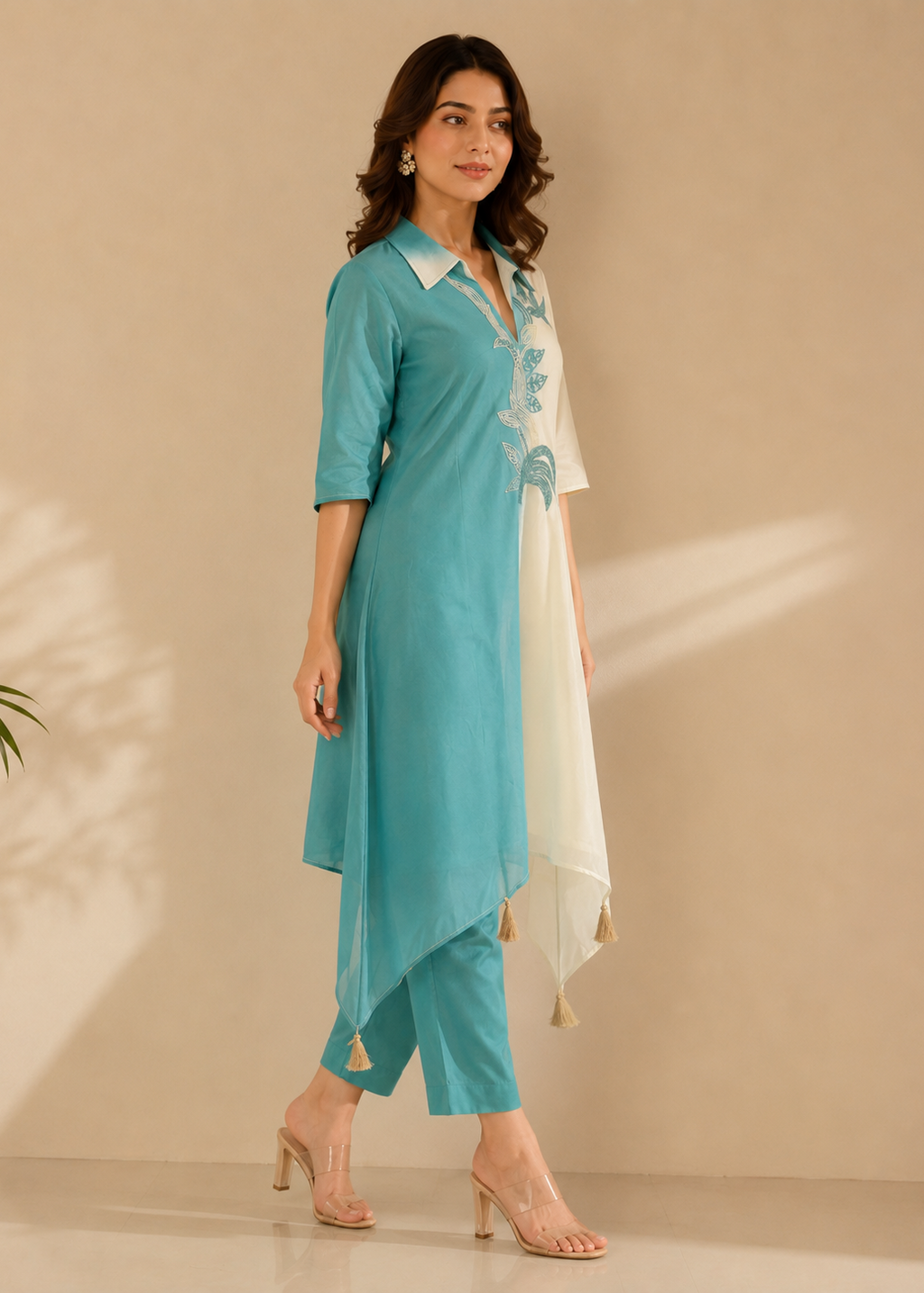 A woman models a turquoise blue kurta set with matching pants and a white dupatta featuring blue floral embroidery, set against a warm beige background with soft leaf shadows.