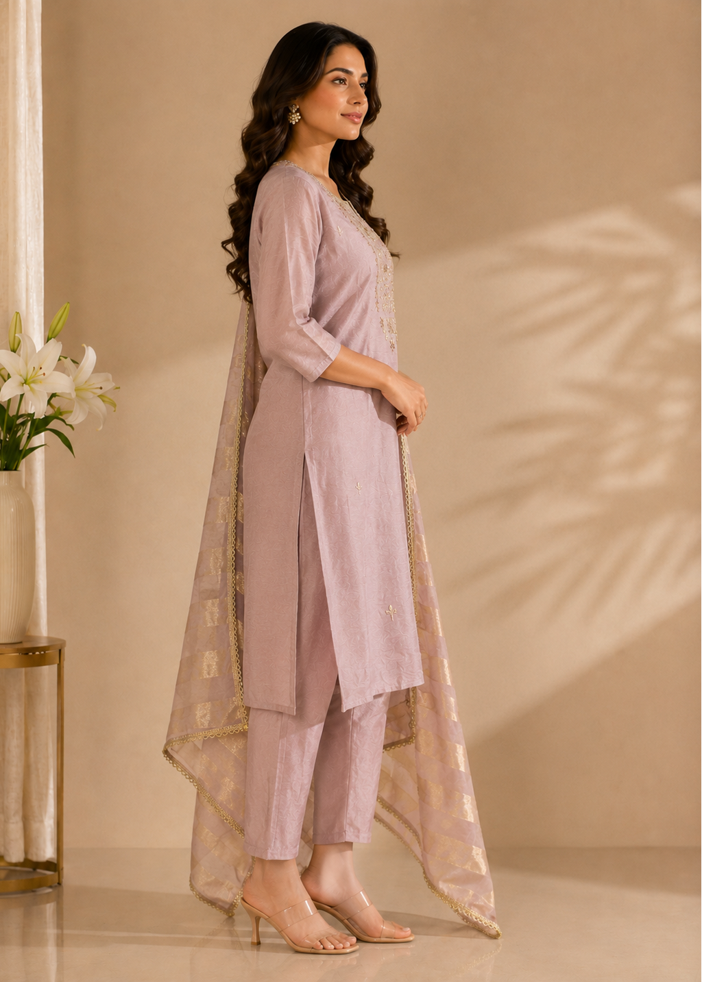 A woman modeling a light lavender three-piece salwar kameez suit with a matching sheer dupatta, standing in a warm beige studio setting with decorative shadows and a vase of white lilies on the side.
