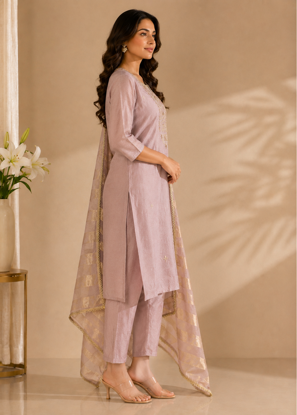 A woman modeling a light lavender three-piece salwar kameez suit with a matching sheer dupatta, standing in a warm beige studio setting with decorative shadows and a vase of white lilies on the side.