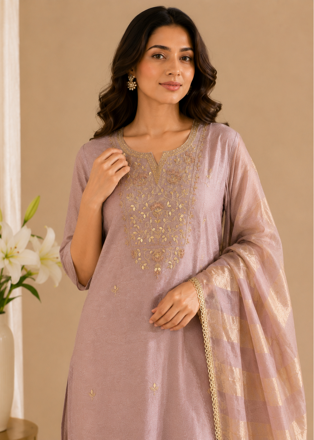 A woman modeling a light lavender-pink traditional Indian salwar kameez suit with gold embroidery on the chest and a matching sheer dupatta, set against a warm beige background with a vase of white flowers.