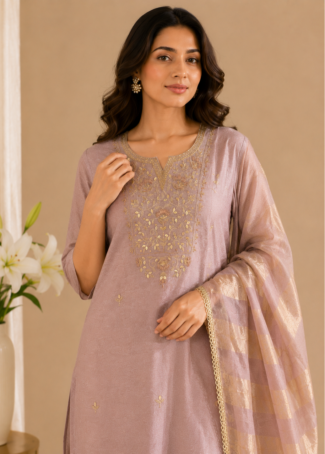 A woman modeling a light lavender-pink traditional Indian salwar kameez suit with gold embroidery on the chest and a matching sheer dupatta, set against a warm beige background with a vase of white flowers.