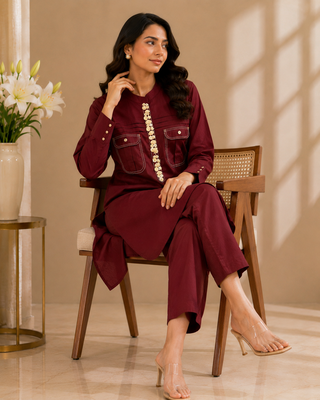 A woman models a deep maroon three-piece kurta set, consisting of a long-sleeve top with gold embroidery and flap pockets, matching trousers, and clear high-heeled sandals, while sitting on a wooden chair.
