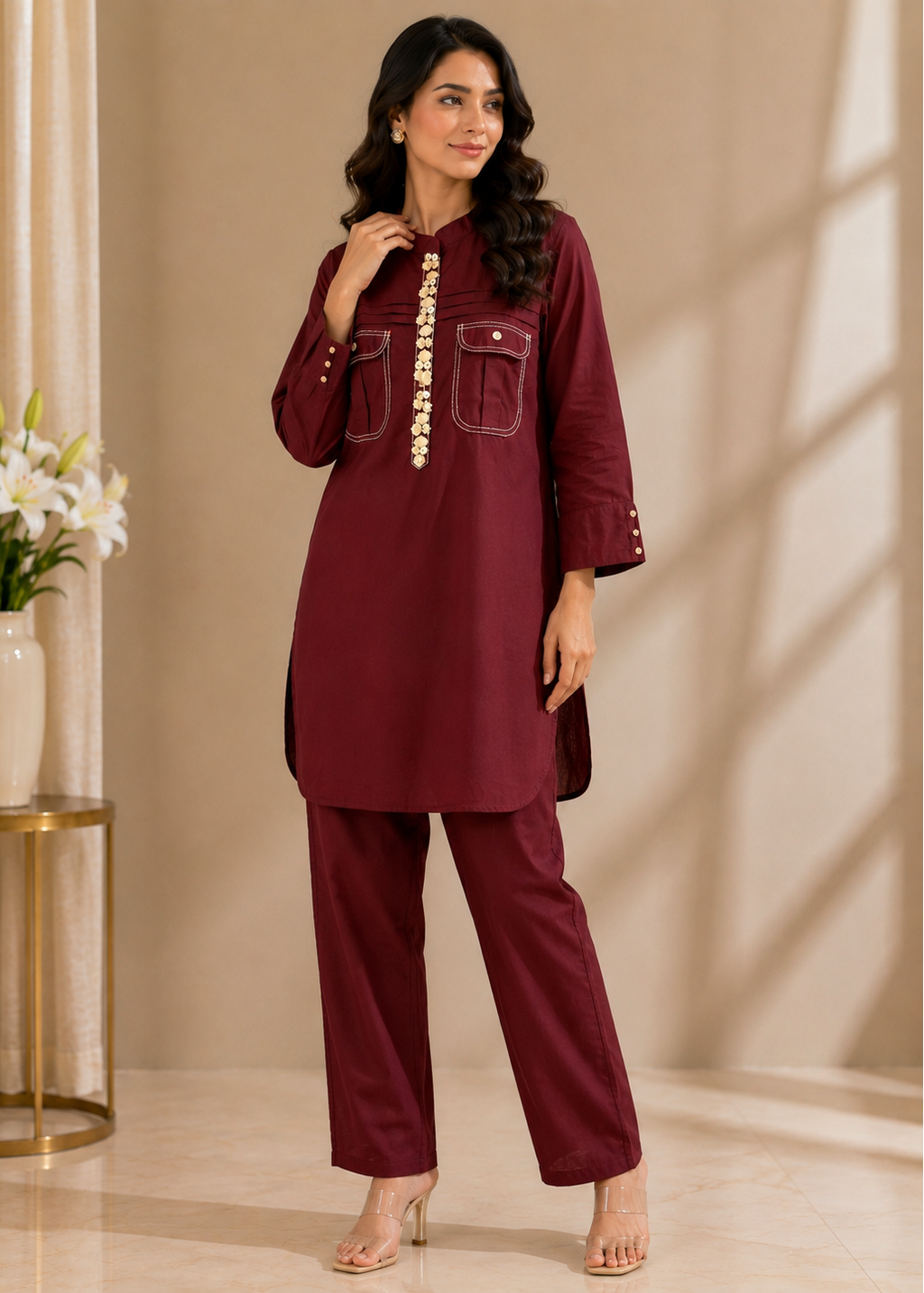 A woman models a two-piece maroon kurta and trouser set with gold embroidery and contrast stitching, standing in a warm beige interior setting.
