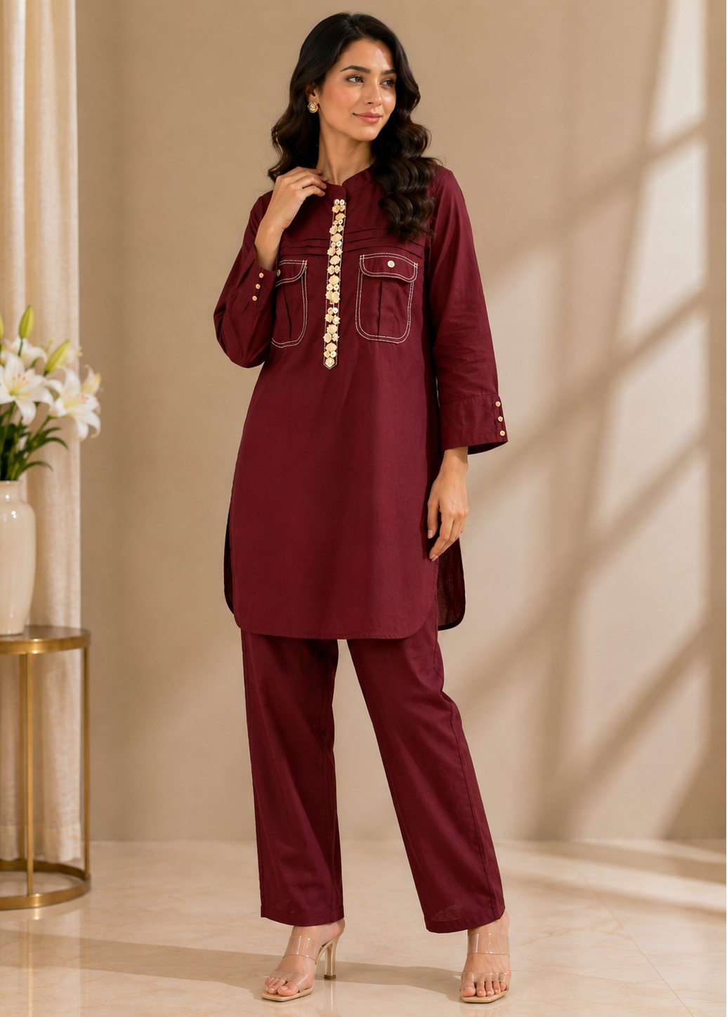 A woman models a two-piece maroon kurta and trouser set with gold embroidery and contrast stitching, standing in a warm beige interior setting.