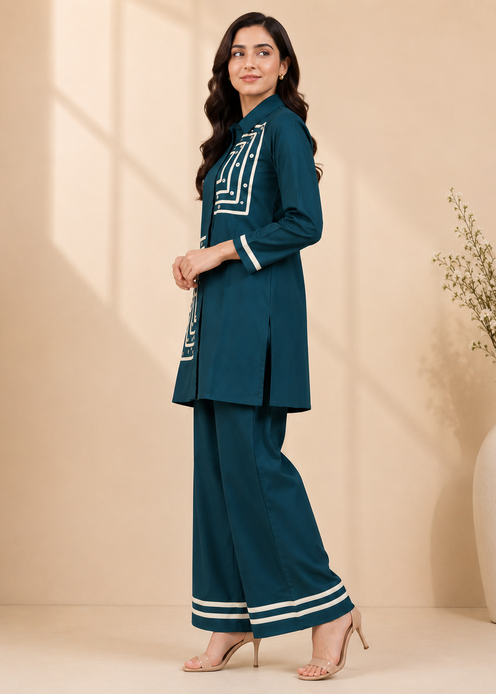 A woman models a teal blue three-piece kurta set with white geometric embroidery and striped details on the pants, set against a warm beige background with decorative shadows and a vase.