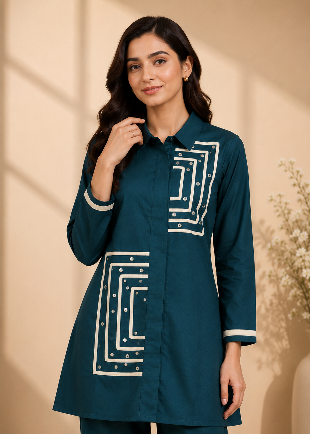 A woman modeling a dark teal long-sleeve kurta-style top with white geometric embroidery and matching pants, set against a warm beige background with soft shadows.