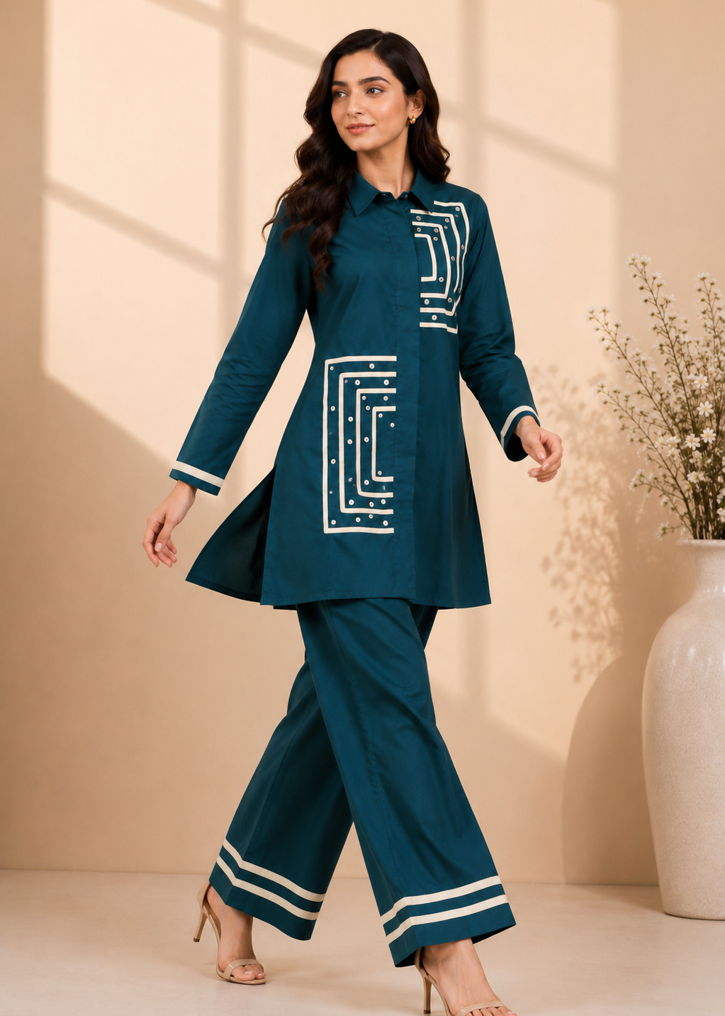 A woman models a dark teal two-piece kurta set with white geometric embroidery and striped details, standing in a studio with a beige background and a large white vase.