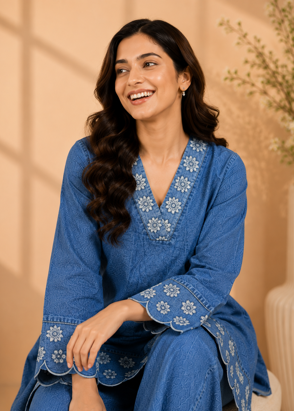 A woman wearing a blue embroidered kurta with white floral patterns on the neckline and cuffs, seated in a warm beige interior setting.