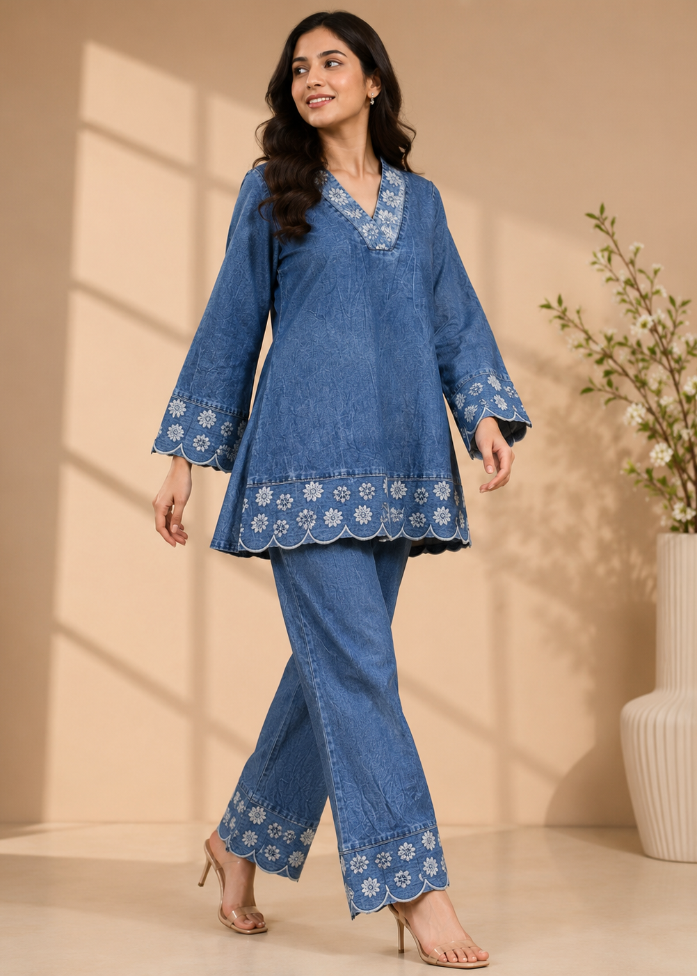 A woman modeling a blue denim kurta and matching wide-leg pants set with white floral embroidery details, set against a warm beige background with decorative shadows and a vase of flowers.