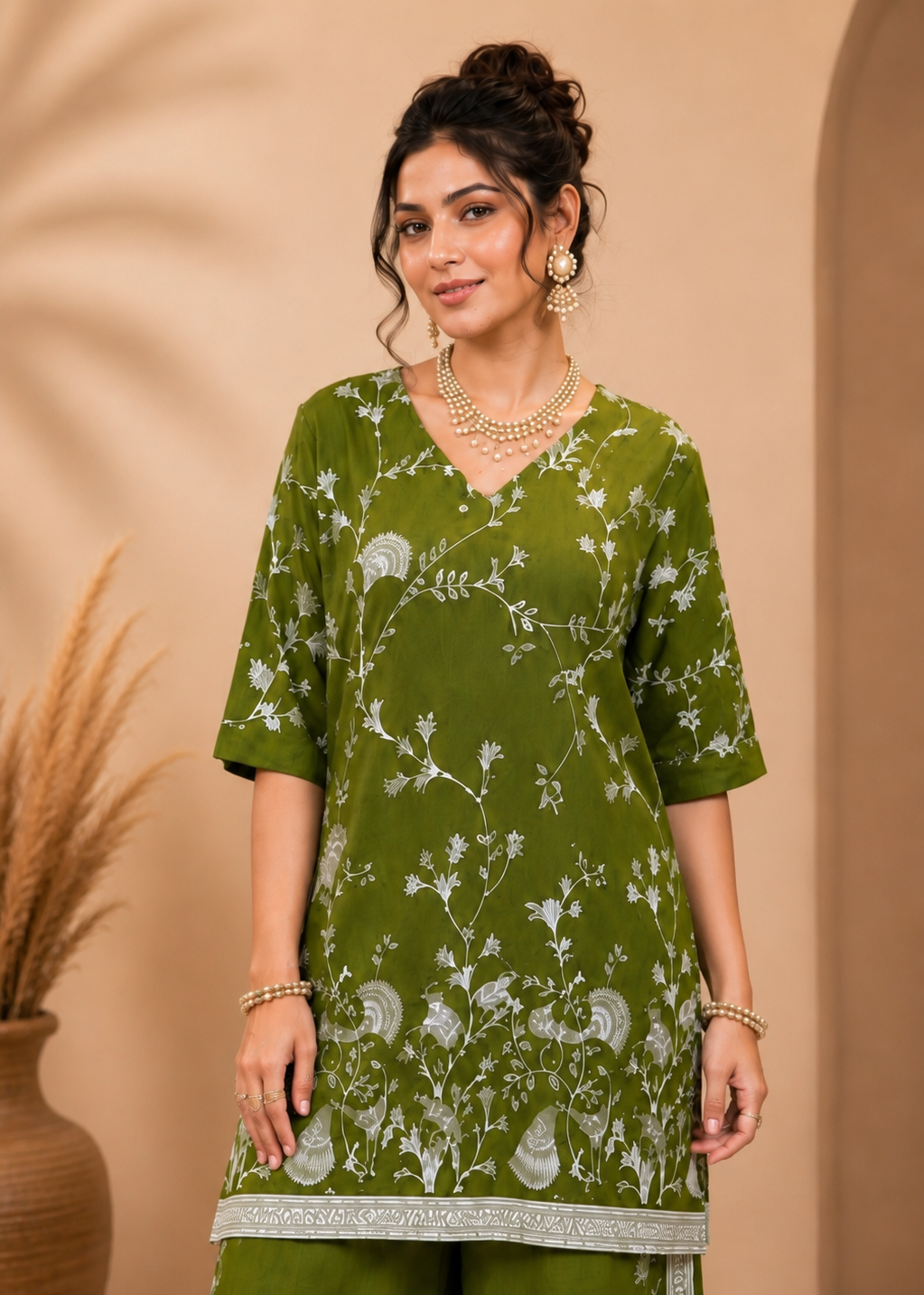 A woman modeling a green three-piece traditional outfit with white floral embroidery and silver border detailing, set against a warm beige background with a decorative vase.