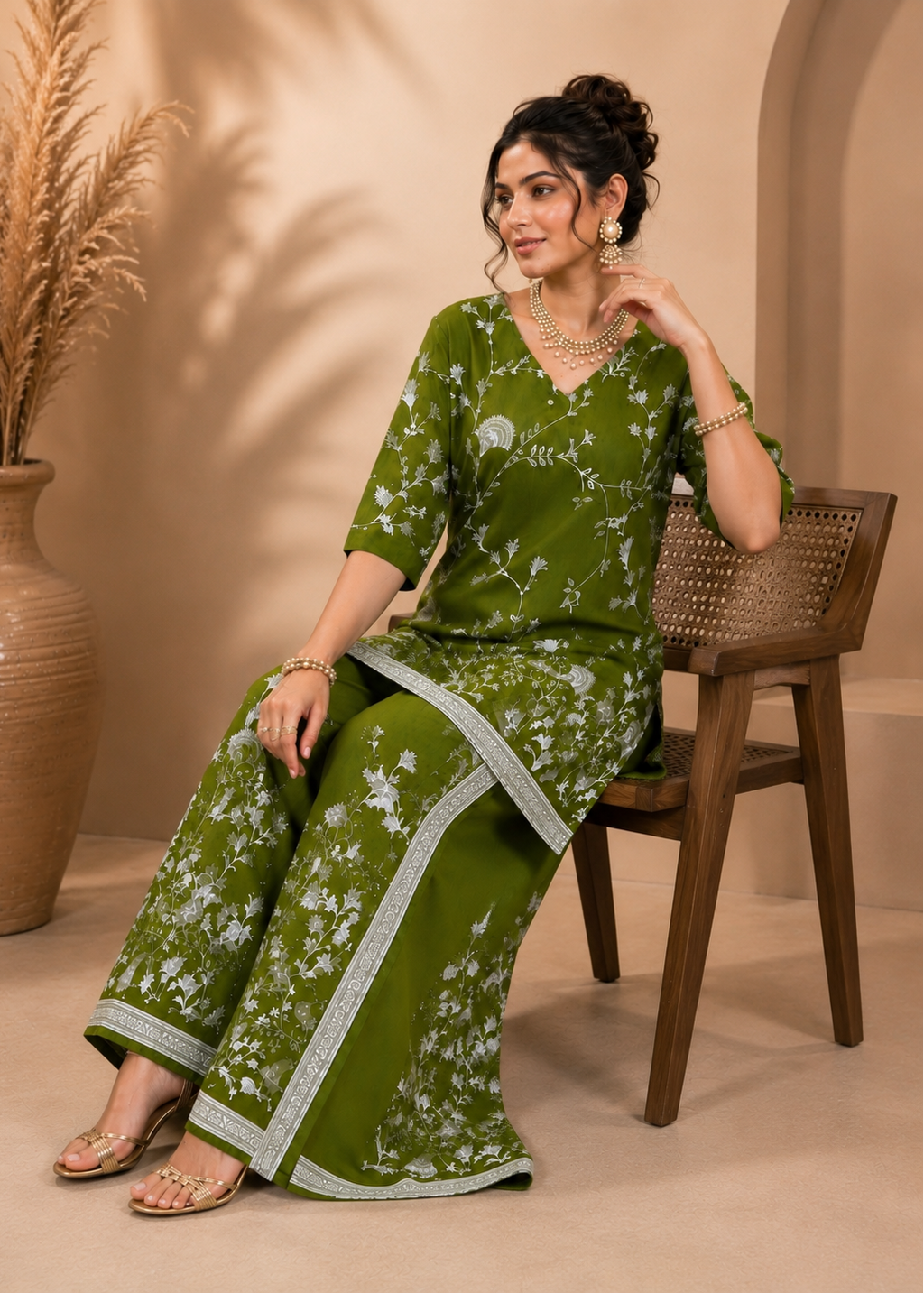 A woman seated on a wooden chair wearing an olive green traditional outfit with white floral print and silver border trim, posed in a warm beige interior with a large vase of dried grass in the background.