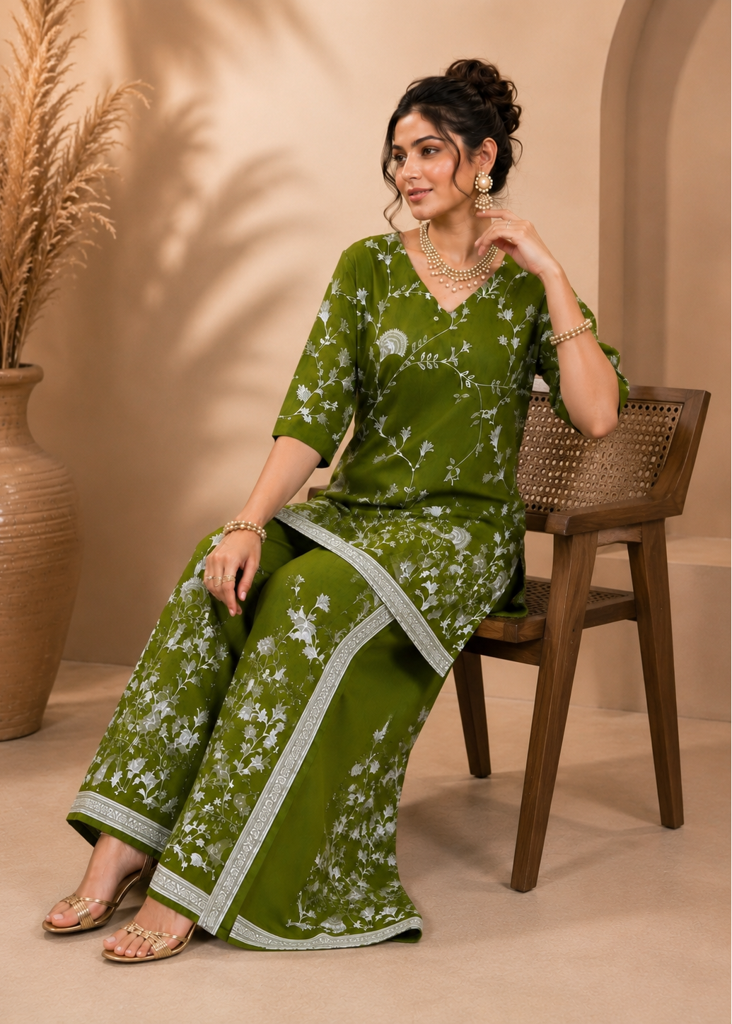 A woman seated on a wooden chair wearing an olive green traditional outfit with white floral print and silver border trim, posed in a warm beige interior with a large vase of dried grass in the background.