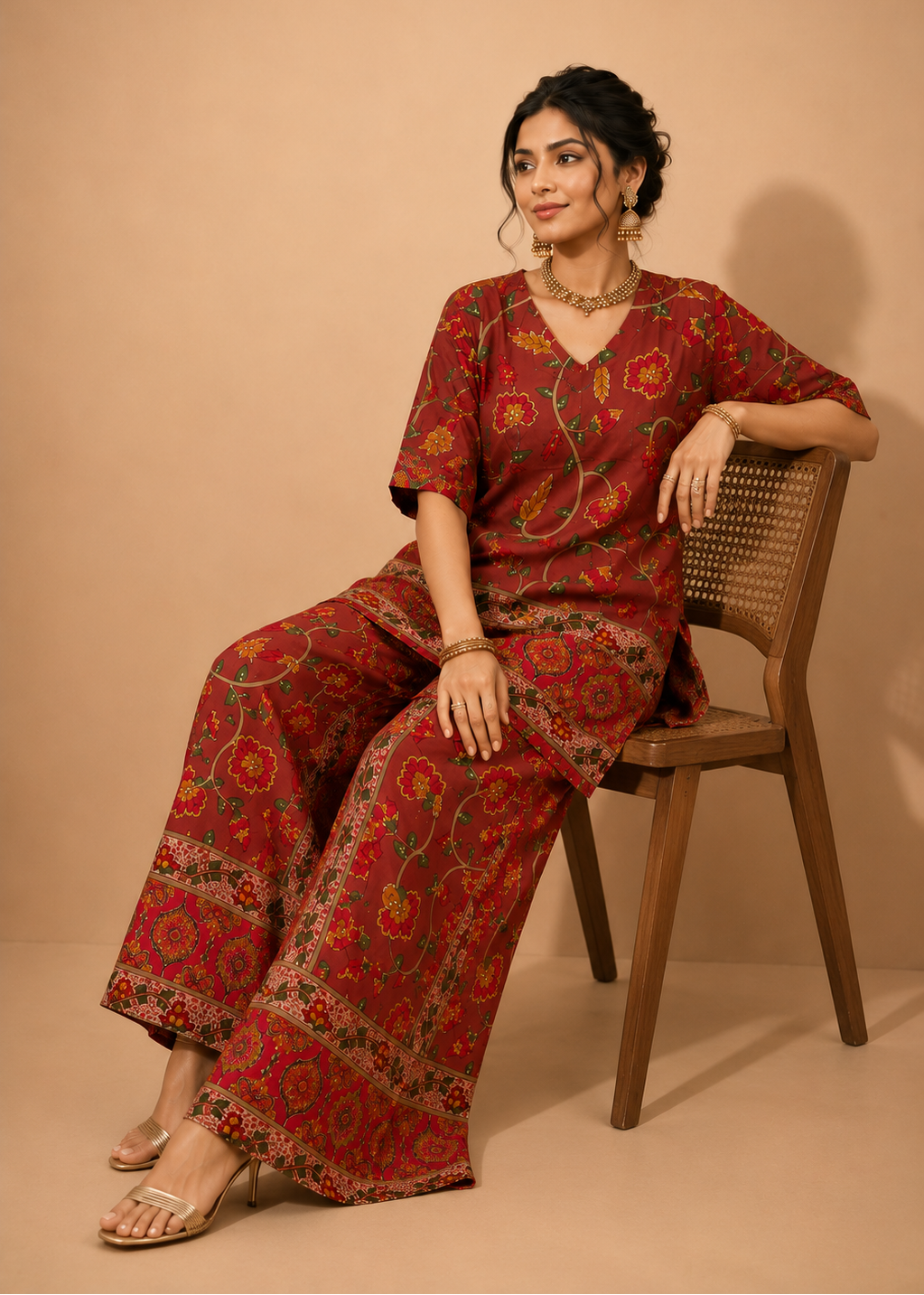 A woman sits on a wooden chair wearing a red printed kurta and wide-leg trousers set with floral motifs. The background is a solid warm beige studio backdrop.