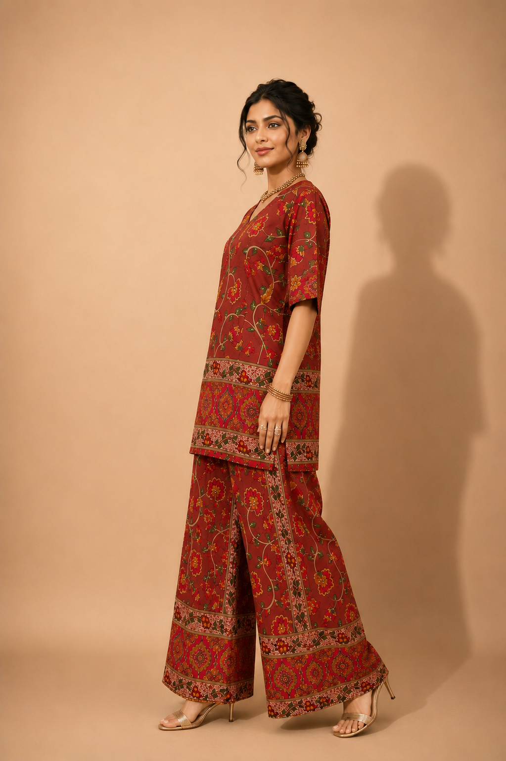 A woman modeling a red and gold printed kurta and trouser set against a solid beige studio backdrop.