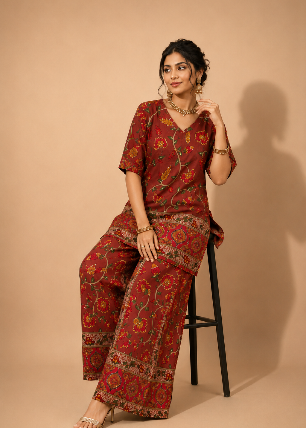 A woman models a red and gold printed two-piece kurta set while sitting on a black stool against a solid beige studio background.