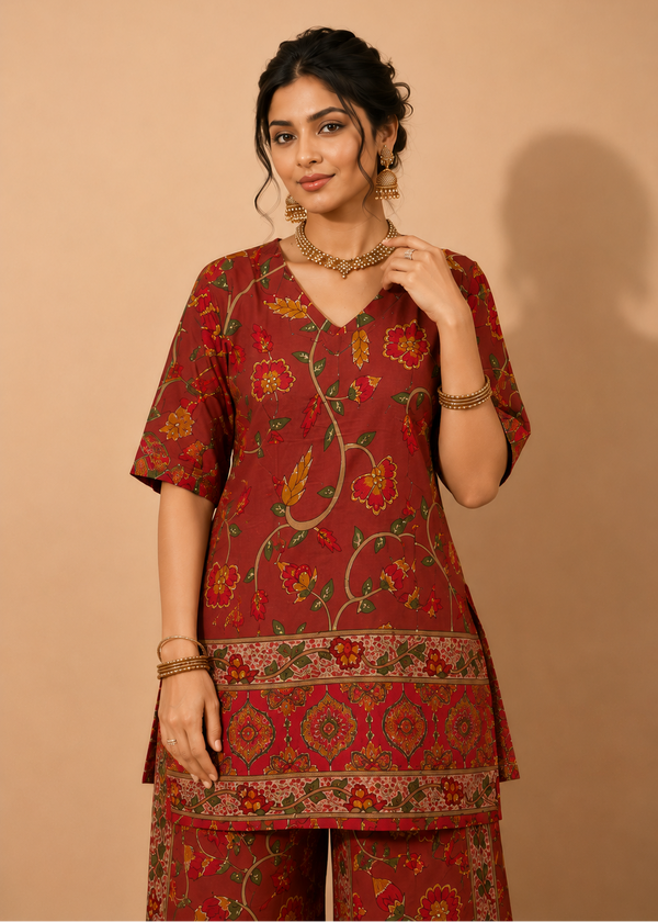 A woman models a rust-red three-piece kurta set with yellow, green, and orange floral block prints, set against a solid beige background.