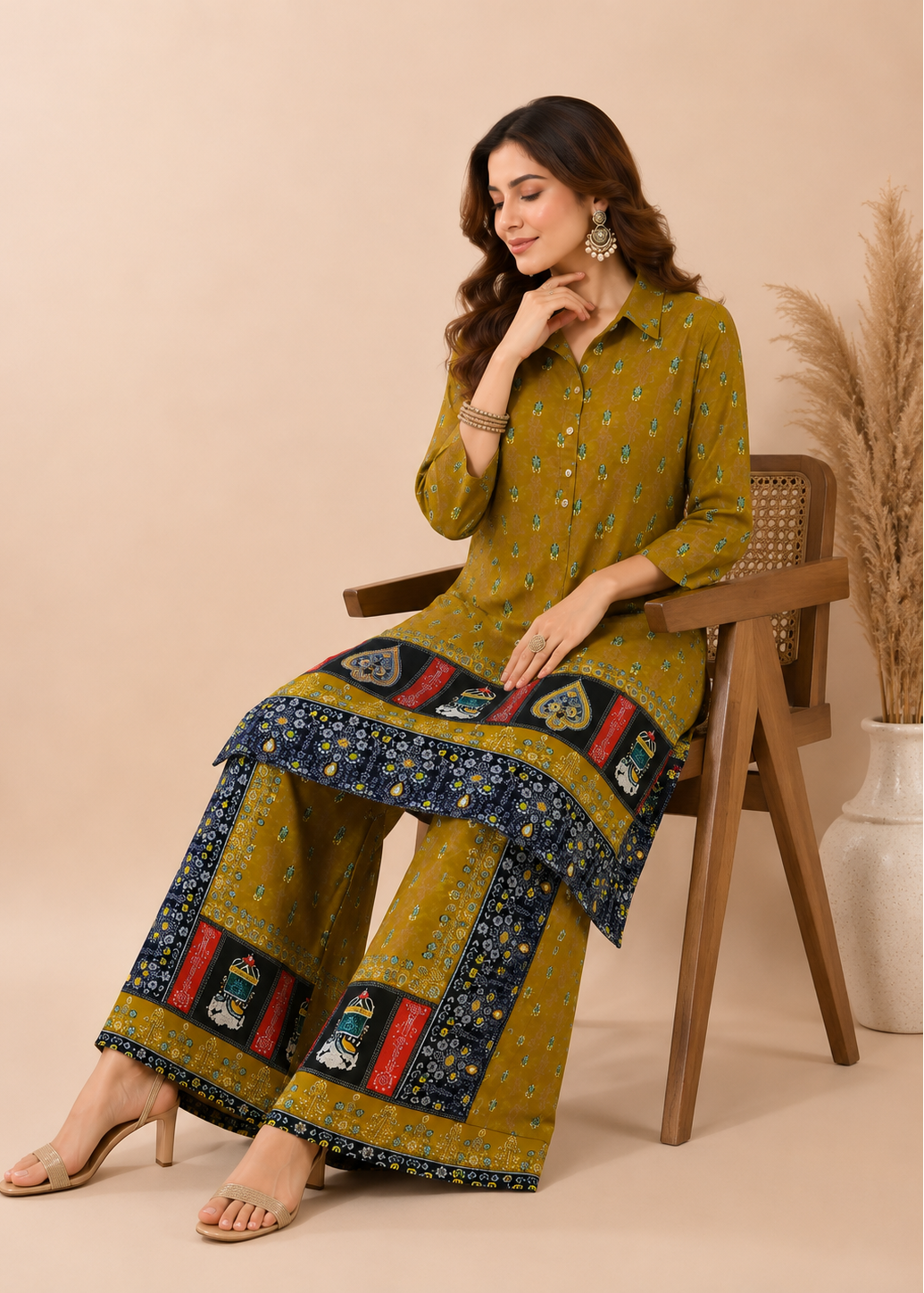 A woman models a three-piece olive green salwar suit with colorful printed borders, paired with matching wide-leg trousers and heeled sandals, seated on a wooden chair against a beige background.