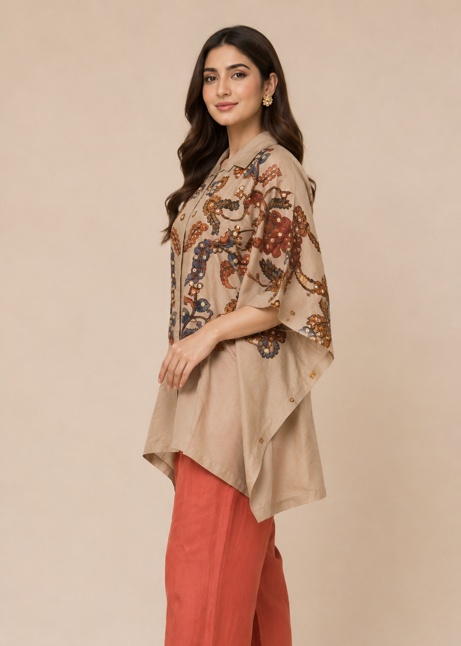 Beige Floral Printed Kaftan Coord Set With Rust Straight Pants