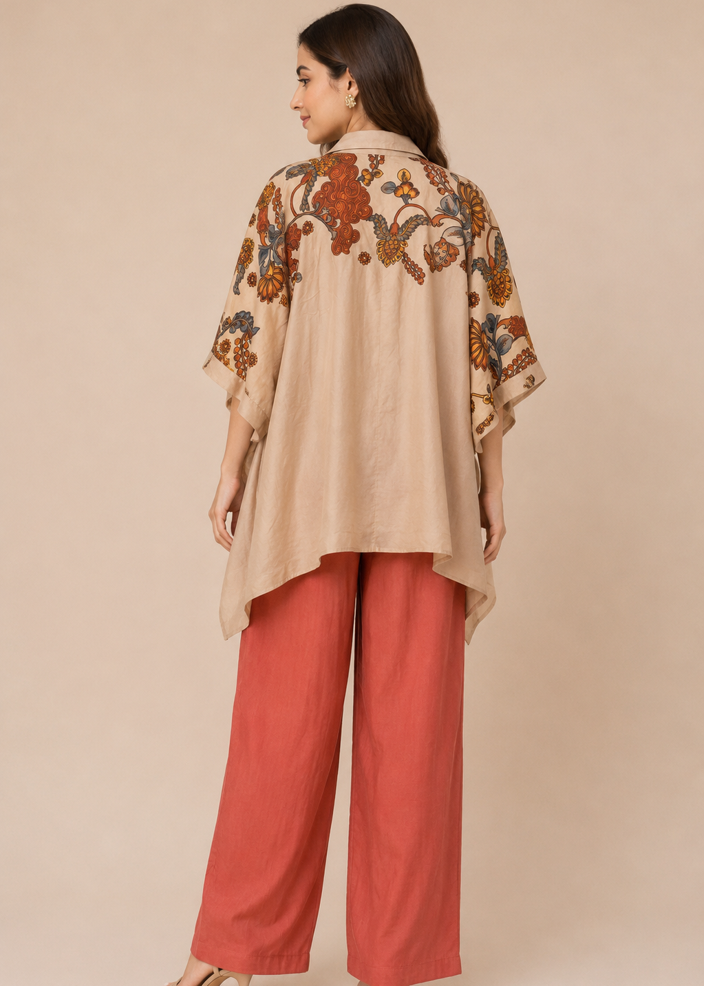 Beige Floral Printed Kaftan Coord Set With Rust Straight Pants