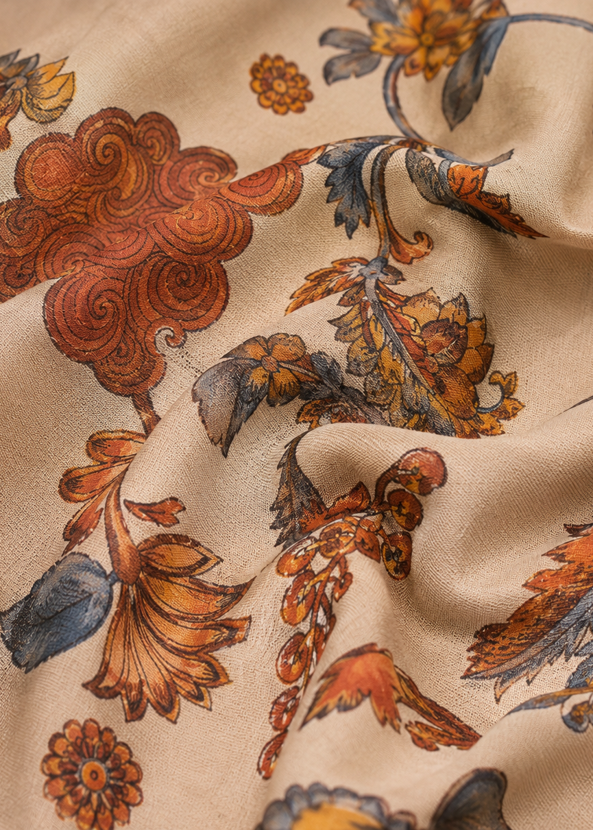 Beige Floral Printed Kaftan Coord Set With Rust Straight Pants