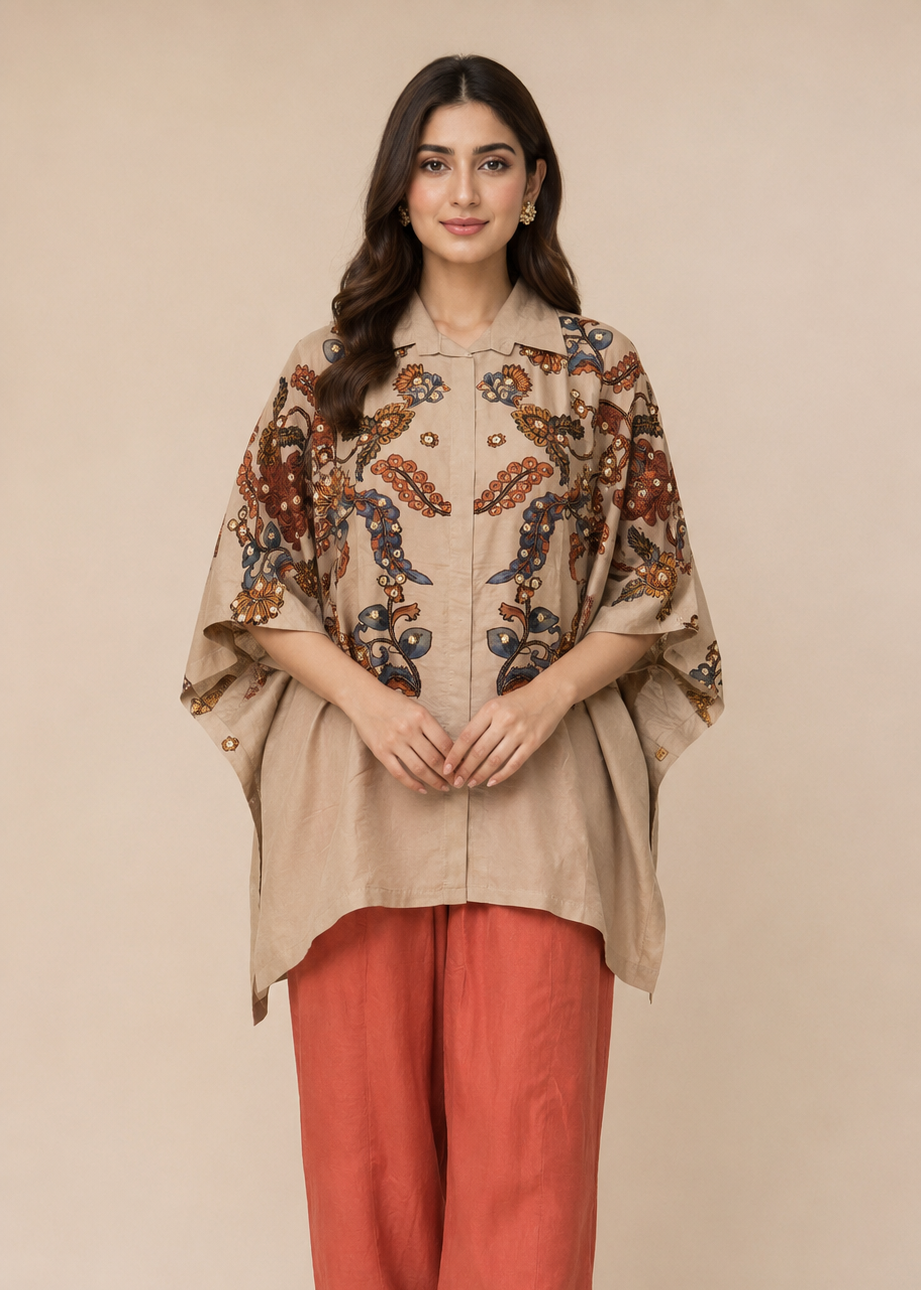 Beige Floral Printed Kaftan Coord Set With Rust Straight Pants