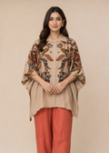 Beige Floral Printed Kaftan Coord Set With Rust Straight Pants