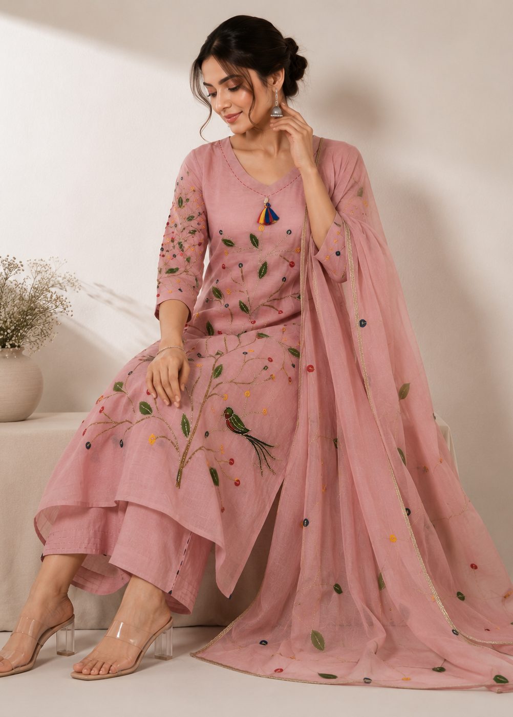 A woman models a pink traditional outfit with embroidered details and a matching sheer dupatta, posed in a softly lit indoor setting with a neutral wall and a small vase of dried flowers.