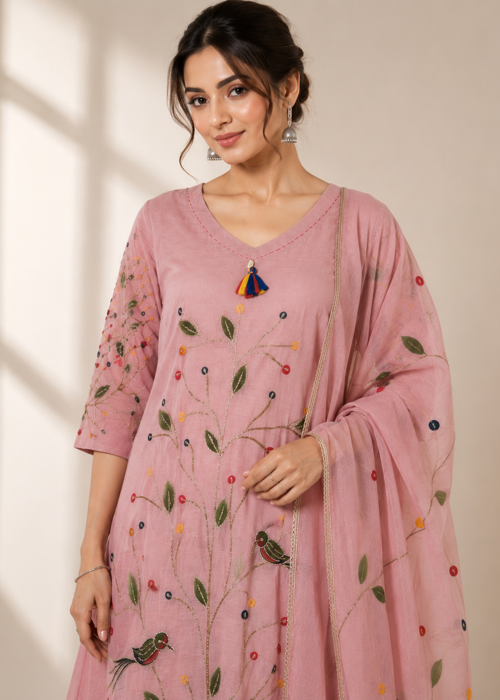 A woman models a dusty pink embroidered kurta set with a matching dupatta. The kurta features delicate floral and bird embroidery in green, red, and yellow, with a colorful tassel pendant at the neckline.