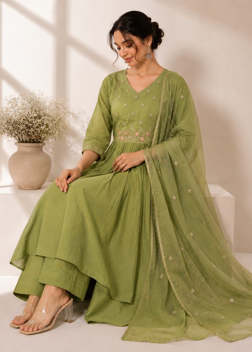 Olive Green Embroidered Mal Chanderi A-Line 3 Piece Suit Set